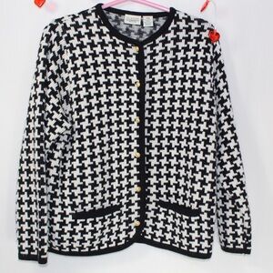 vintage black and white hounds tooth knit button up cardigan womens size pm